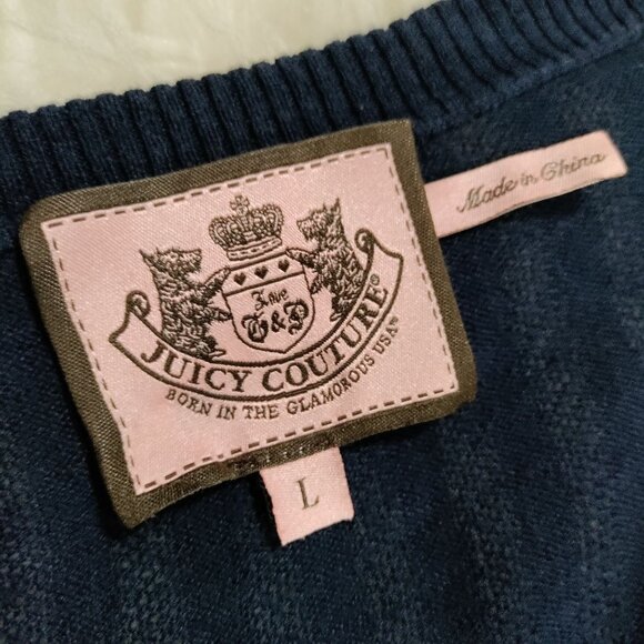 Juicy Couture Navy Blue Floral Embroidery Silk Cashmere Knit Cardigan Size Large - Picture 9 of 15